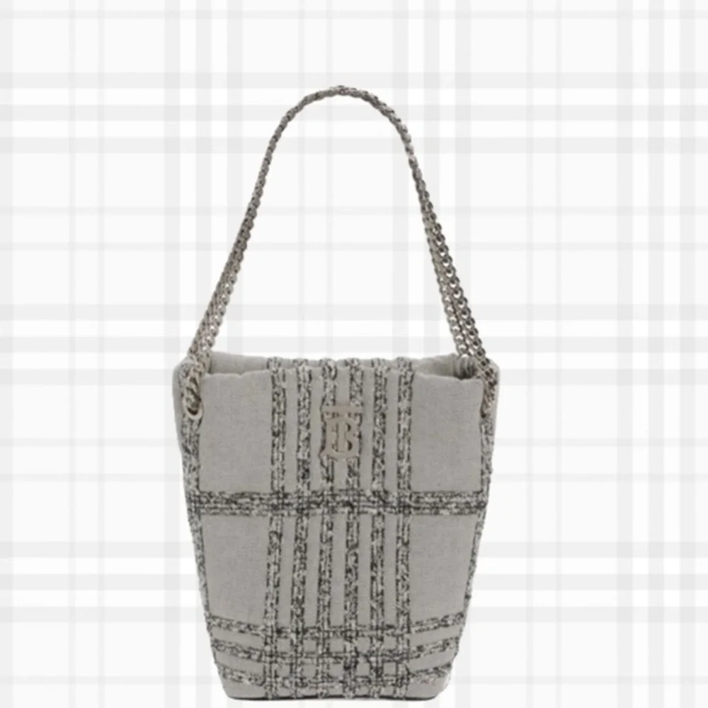 BURBERRY Lola Needle Punch Check Canvas Small Bucket Bag- Black and White - Picture 1 of 13